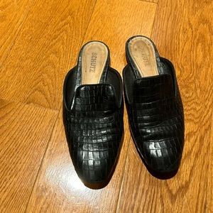 Black crocodile mules